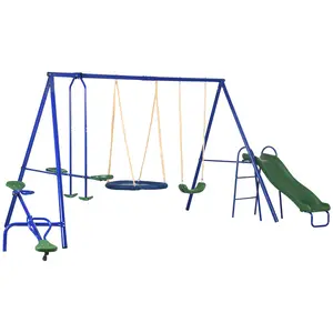 Outdoor Playset 5 in 1 Blue with Slide Saucer Swing Glider Seesaw Two Person Seats 693 Lb Capacity for Backyard