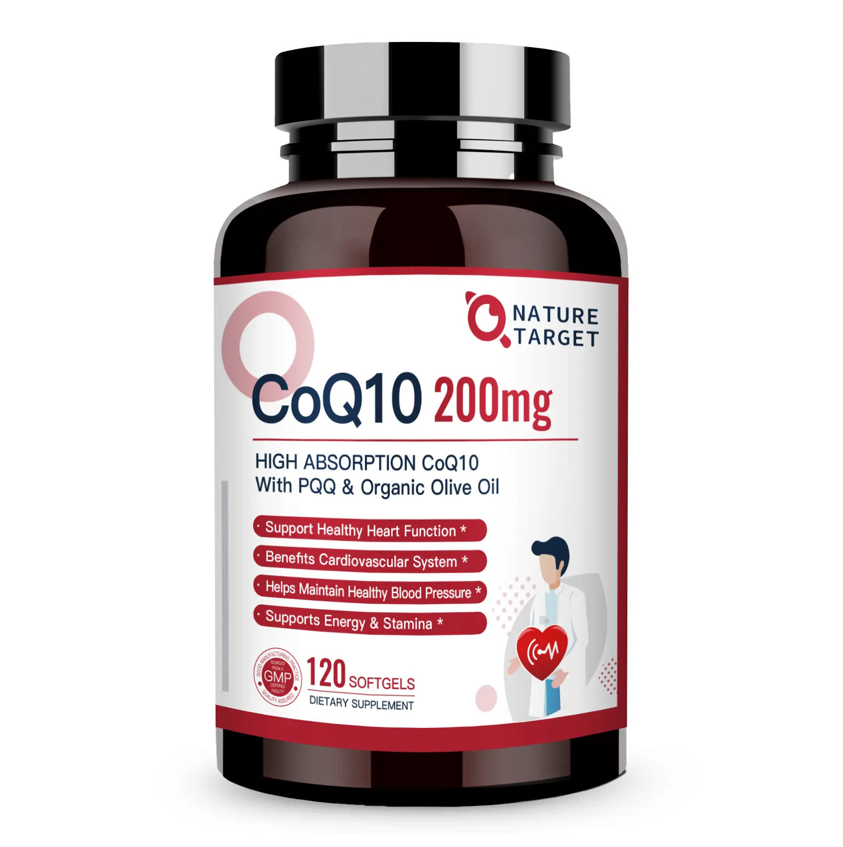 Nature Target CoQ10 200mg with PQQ L-Carnitine & Omega-3s, High Absorption Coenzyme-Q10 with BioPerine