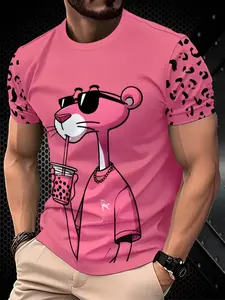 Men's Casual Menswear Streetwear 3D Playful Panther Print Polyester Short Sleeve Fitted T-Shirt, Slightly Elastic Knit Fabric, Breathable Comfort, All Seasons