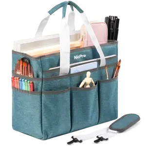 Nicpro Craft Organizer Art Bag, Large Tote Bag for Art Supply Storage w/Detachable Shoulder Strap, Portable Craft Bag with Multiple Pockets for Drawing, Sewing, Office - Bluish Green