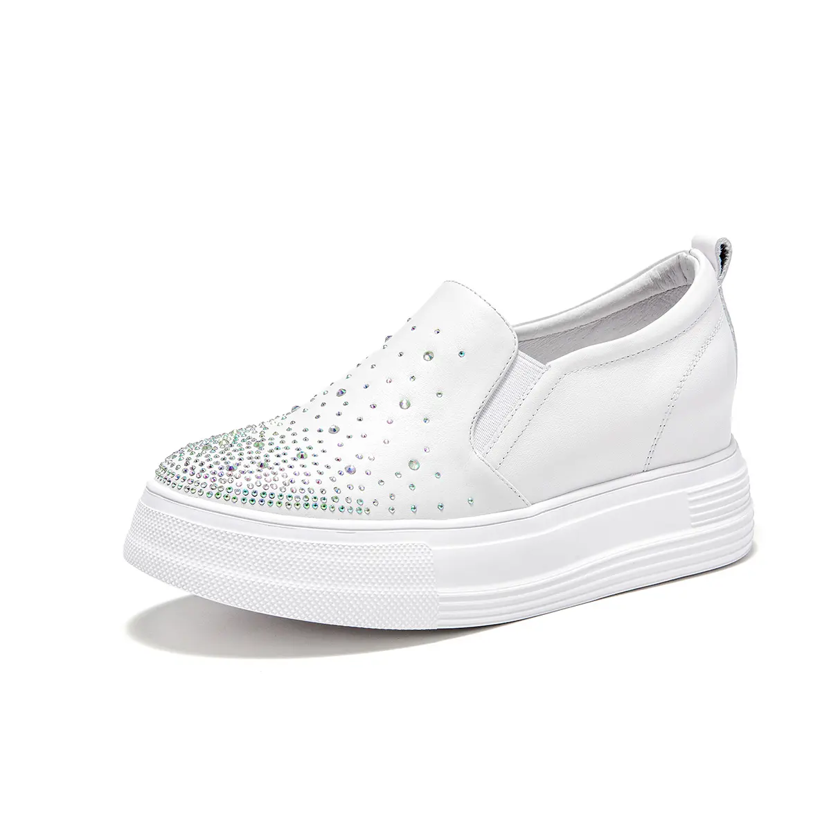 Women's Glittery Rhinestone Slip-On Wedge Sneakers - White Plain Leather Hidden Wedge Footwear with Round Toe, Ankle Design for Casual, Party, Fashion Outdoor Activities