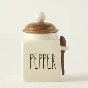 Decorative Kitchen Ceramic Pepper Canister with Acacia Wooden Lid, Matching Spoon, and Cream-Storage Functionality