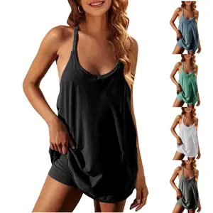 YeeZaa Women's Sport Sleeveless Mini Dress with Built-in Shorts V-Neck Spaghetti Strap Tank Dress 2026 Spring Summer