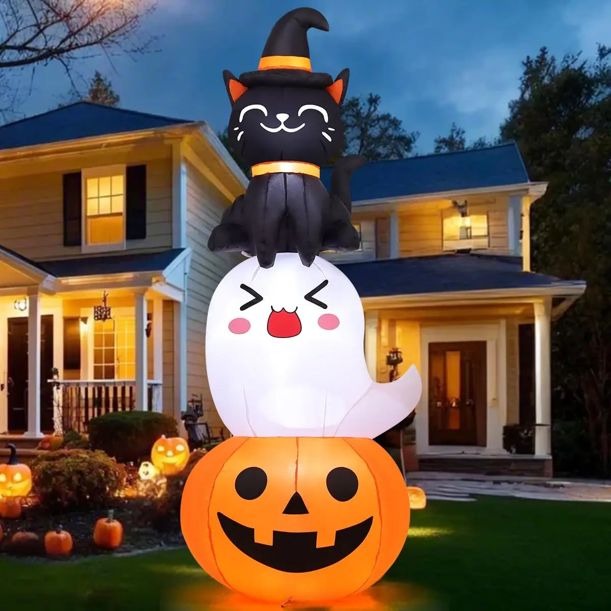 6ft Polyester Halloween Inflatable Pumpkin Ghost Cat Combo Set - Built-in LEDs, Spooky Style - Cute Blow Up Ornament for Porch, Lawn