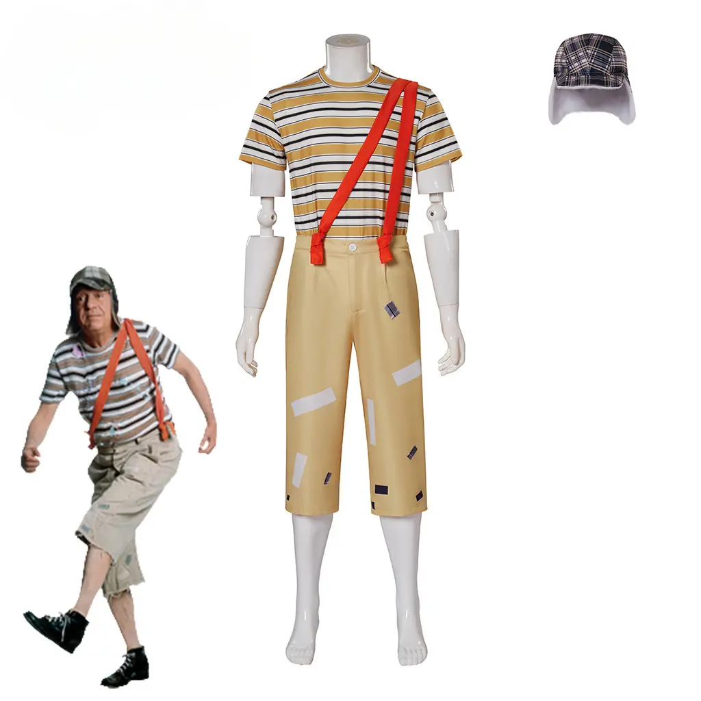 Women's El Chavo Del Ocho Polyester Striped 3-Piece Costume Suit, Iconic Hat Included, Breathable Clothes for Halloween Cosplay, Matching, Costumeshalloween, Party Costume, Stripes, El Chavo Costume For Halloween