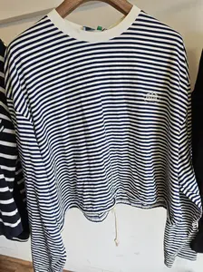 Pre-owned Prada Striped Cotton Long Sleeve T Shirt | Fits 5'3" 5'7", 100 lbs | L Size, Drawstring Hem