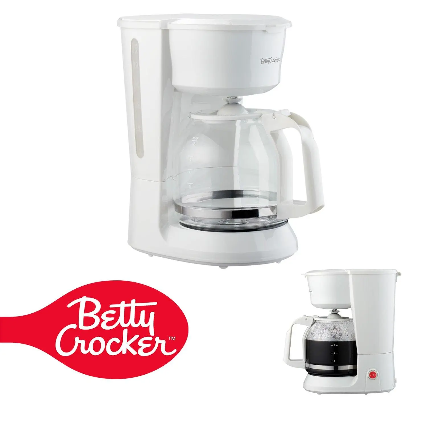 Betty Crocker 12-Cup Capacity Drip Coffee Maker (BC-5729W, White) - Nylon Filter Home Cafe Countertop Machine with Heat-Resistant Glass Carafe, Removable No.4 Cone Filter Holder, Pause & Pour, Water Level Gauge, Non-Stick Warming Plate for Gatherings