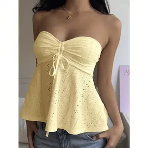 2026 Mustard Yellow Knit Casual Sleeveless Top For Women, Versatile For Summer Babydoll Tops Cream Top Ruched Top Bow Top Women