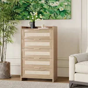Rattan 5 Drawer Dresser, 46" Tall Wooden Chest with Metal Handles for Bedroom, Living Room