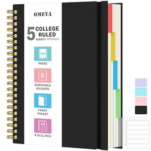 OMEYA 5 Subject Spiral Notebook, College Ruled Stationery Journaling Notebook, A4/A5 Size, 300 Pages 100GSM Thick Paper with Removable Dividers & Clear Inner Pocket for School Office