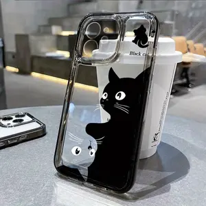 Cute black cat phone case, simple and casual elements, suitable for iPhone 16, 15, 14, 13, 12 and 11 Pro Max series phones, made of TPU material, provides shockproof protection and lens protection.Suitable for gifts Cellphone Smartphone