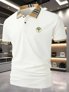 Men's British Style Polo Shirt, Milan Fashion Plaid Collar Design, Golf Casual Sportswear, Slim-Fitting Short Sleeve T-Shirt