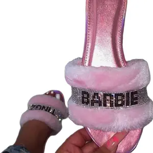 Pink Woman Slides with Sparkly Rhinestone Detail and Soft Furry Lining Sandal