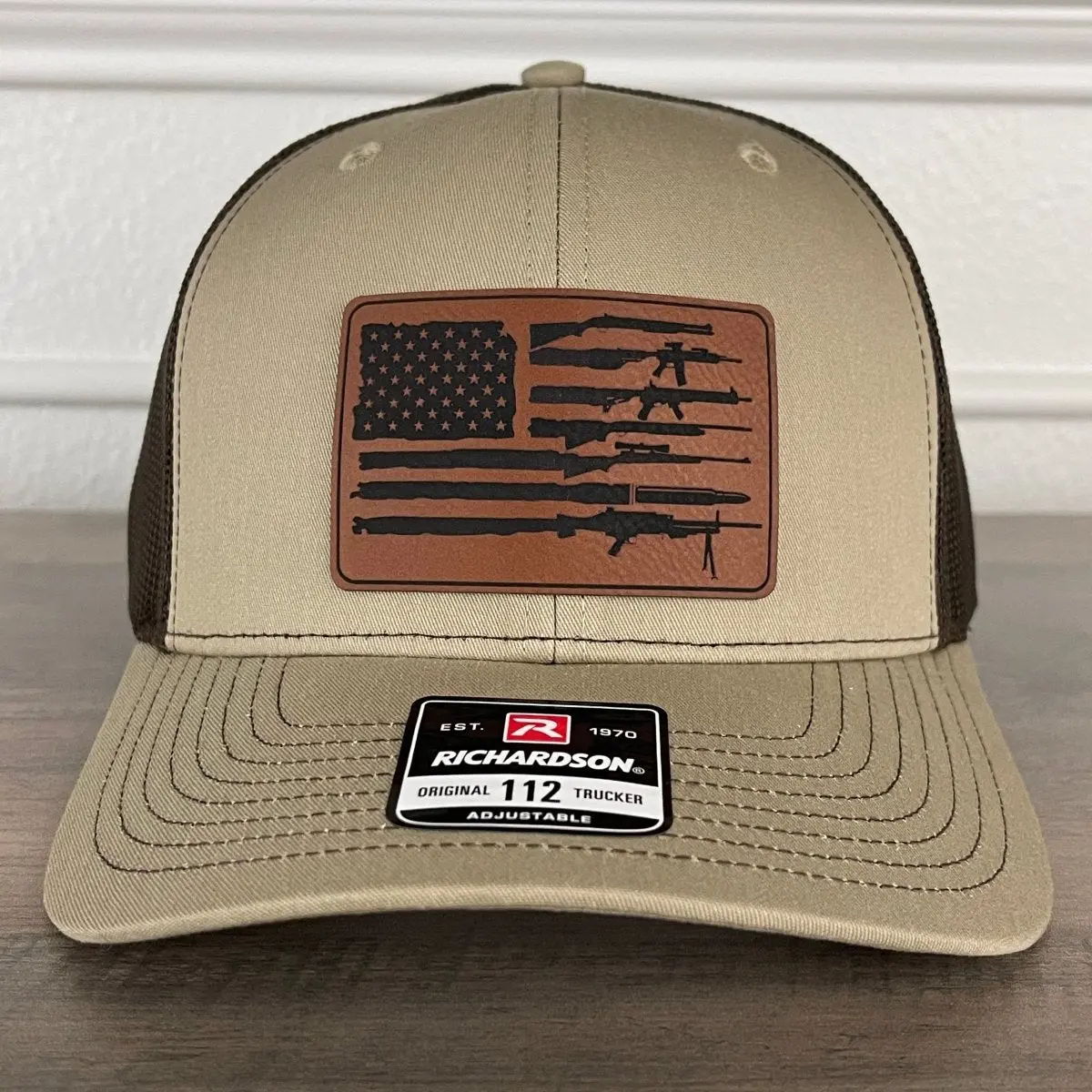 2nd Amendment 2A American Flag Patriotic Leather Patch Hat Khaki/Brown Snapback Trucker Hat