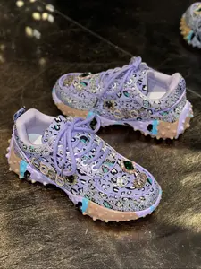 Women's Thick Sole Sport Shoes with Rhinestone Details, Fashion Casual Sneakers, Trendy Print Design, Perfect for Daily Wear