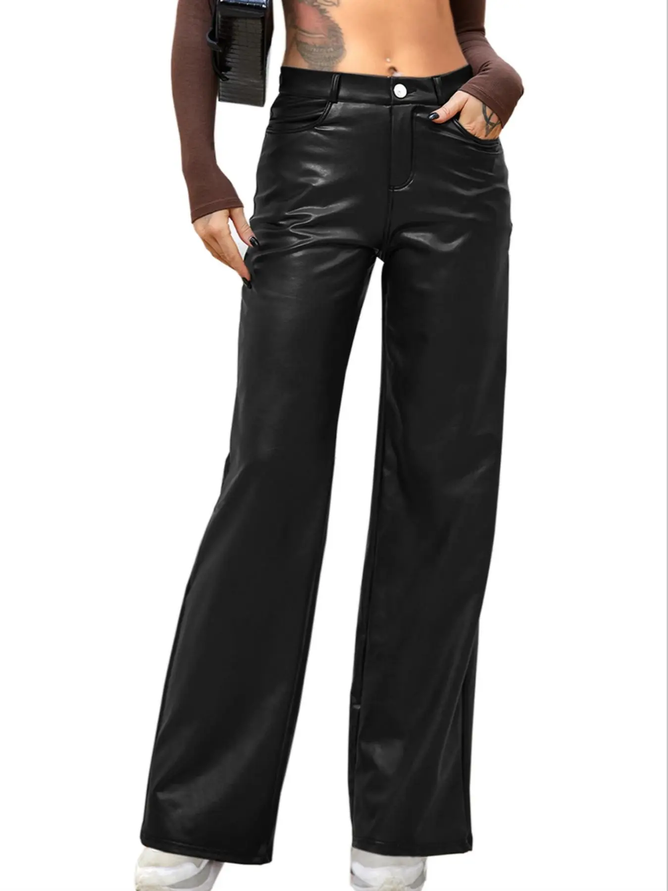 Navneet Women Faux Leather Wide Leg Pants High Waisted Flare Bell Bottom Pants PU Leather Trousers with Pockets Slim Fit Stretchy Long Pants Y2K Trendy Fashion Streetwear Going Out Bottoms for Night Out Concert Party Club Date Night