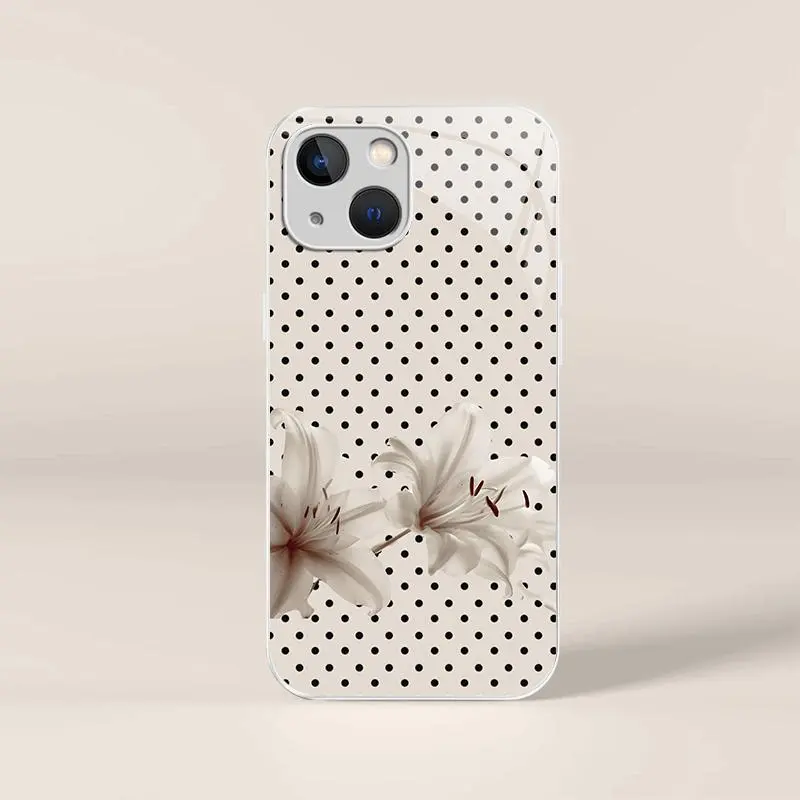 Soft girl aesthetic! Vintage polka dot lily case for iPhone 15 Plus, elegant floral and music note cover, viral phone accessory — 975