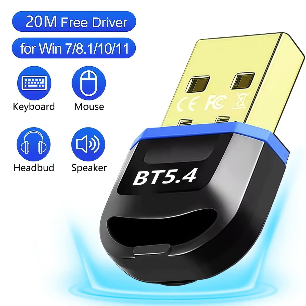 USB Bluetooth Adapter for Desktop PC, Bluetooth 5.4 Dongle Receiver, Plug and Play, Compatible with Windows 11/10/8.1/7, For Laptop/Keyboard/Mouse, PC Bluetooth Adapter
