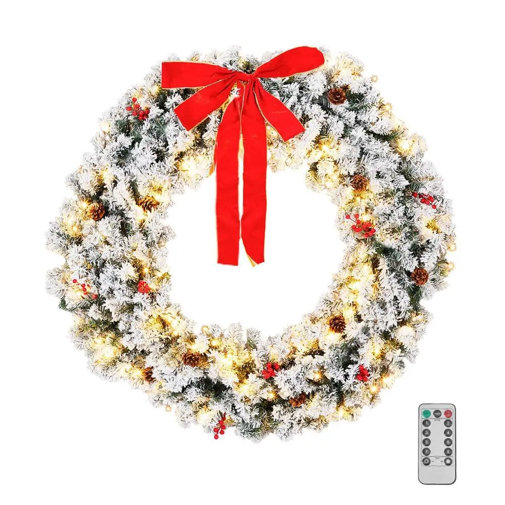 Ubesgoo 48in/60in Pre-lit Snow Flocked Christmas Wreath, Lighted Artificial Xmas Wreath with 220 Warm White Lights and 600 PVC Tips and DIY Ornaments, for Front Door Gate Wall Xmas Party Decorations, Snowy Green