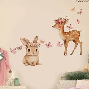 A (30*60cm) creative 2D flat wall sticker with rabbit, elk, flowers and butterflies, for beautifying living rooms and bedrooms (M20380)