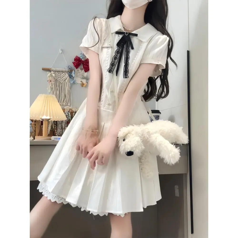 French Preppy White Mini Dress, Lace Bow Collar Waist Cinched Pleated Princess Summer Dress