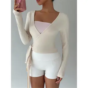 Women’s multicolor yoga and fitness T-shirt with a front strap, V-neck, and long sleeves—a casual sports top that is a must-have for simple and elegant spring and autumn looks. GARMENTARY