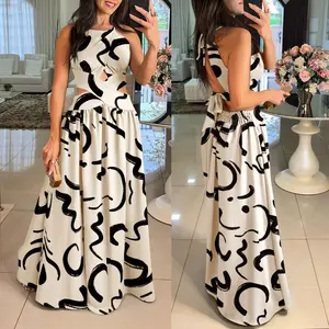 ChicMe Women's Abstract Print Criss Cross Halter Maxi Dress Casual Hollow Out Shirred Dress/Summer Dress/Seaside Vacation Sleeveless Skirt