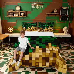 Pixelated Miners Blocks Comforter Set,Patchwork Video Games Bedding Set Room Decor,Geometric Patchwork Grid Quilt Comforter,Green Yellow Duvet Set Bedroom Quilt Set