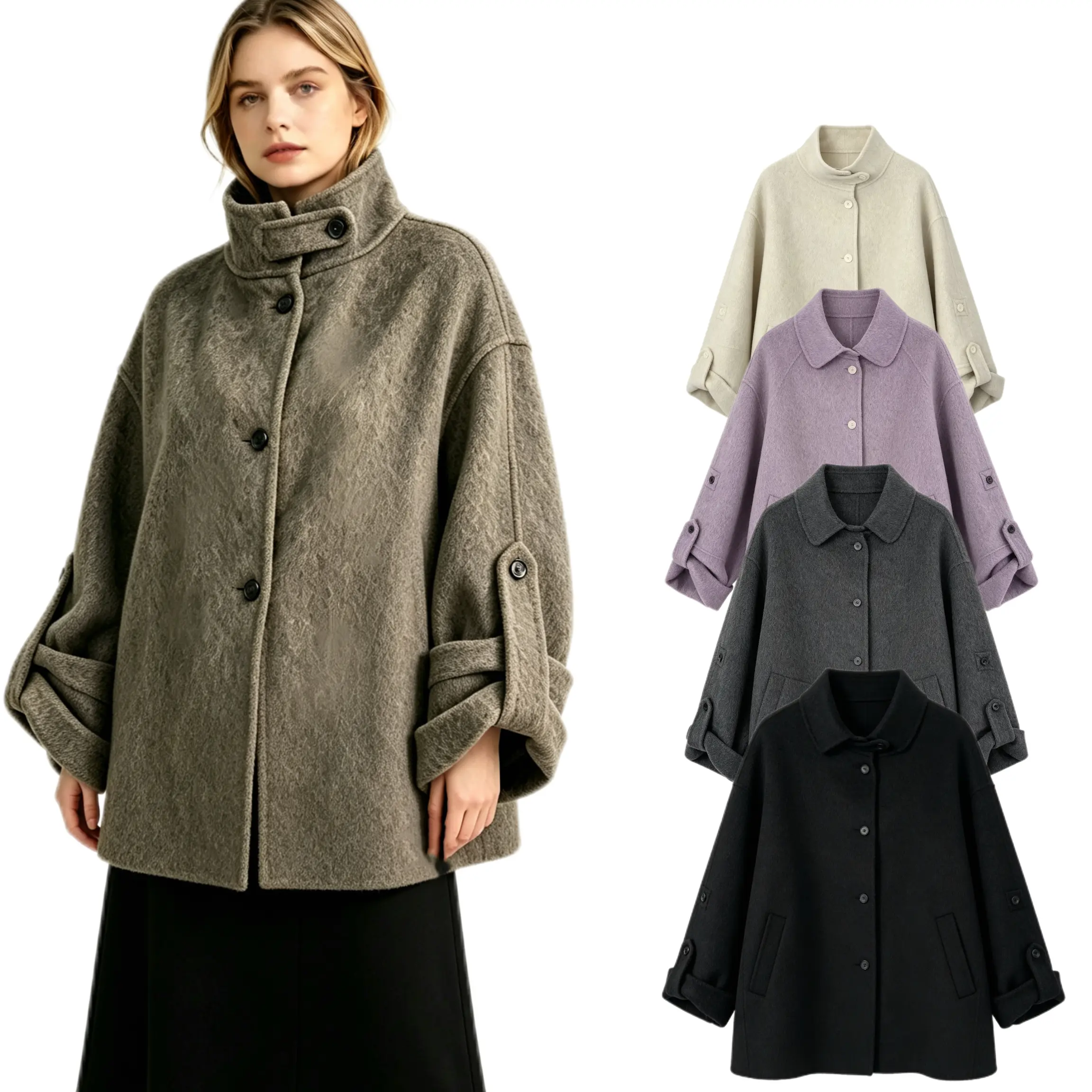 100% Pure Wool Stand Collar Mid-Length Coat for Women, Oversized Loose Wool Overcoat with Roll Button Cuffs Casual Womenswear