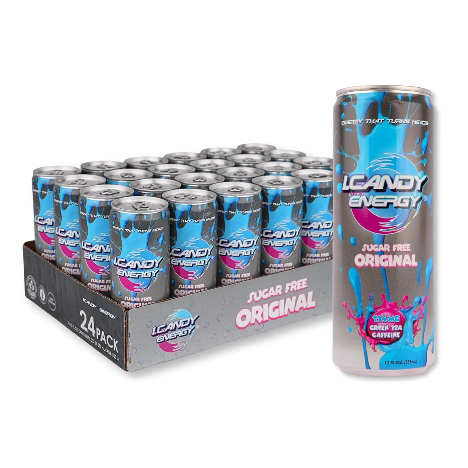 I.CANDY Sugar Free Energy Drink 24 Pack 12 oz Cans, Zero Sugar Energy Drinks Bulk Case, Zero Calorie, 114mg Caffeine, No Crash Clean Energy