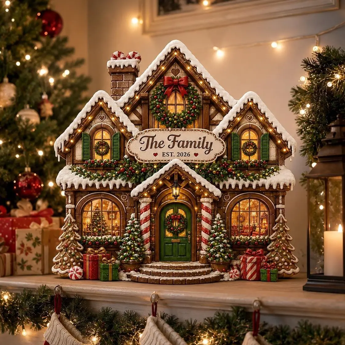 3-Layer 5mm Personalized Christmas Gingerbread House Wooden Block, Custom Sign, Family Name Plaque, Festive Mantle Decor, Holiday Gift