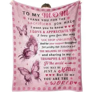 For Mother's Day Pink "To My Mom" Thank You I Love You Blanket,Gifts for Mom,Butterfly & Rose Blanket,Mom Birthday Gifts from Daughter Son, Soft Moms Throw Blanket for Christmas, Warm Plush Flannel Blanket