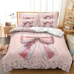 3pcs Pink Bow Lace Glitter Decorative Duvet Cover Set (1 Duvet Cover + 2 Pillowcases，No Core), High-Definition Print for All Seasons Home And Dorm Use