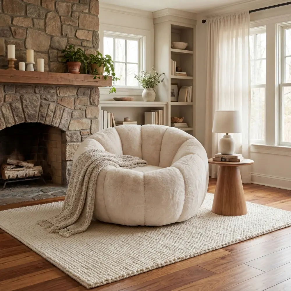 Floral-Shaped Adult Bean Bag Chair - Ultra Soft Faux Fur Oversized Reading Chair, High Density Shredded Foam, Convertible Sleeper with Storage, Beige Single-Seat Indoor Furniture for Living Room/Bedroom + Modern Glass Sliding Door Buffet Toilet Cabinet