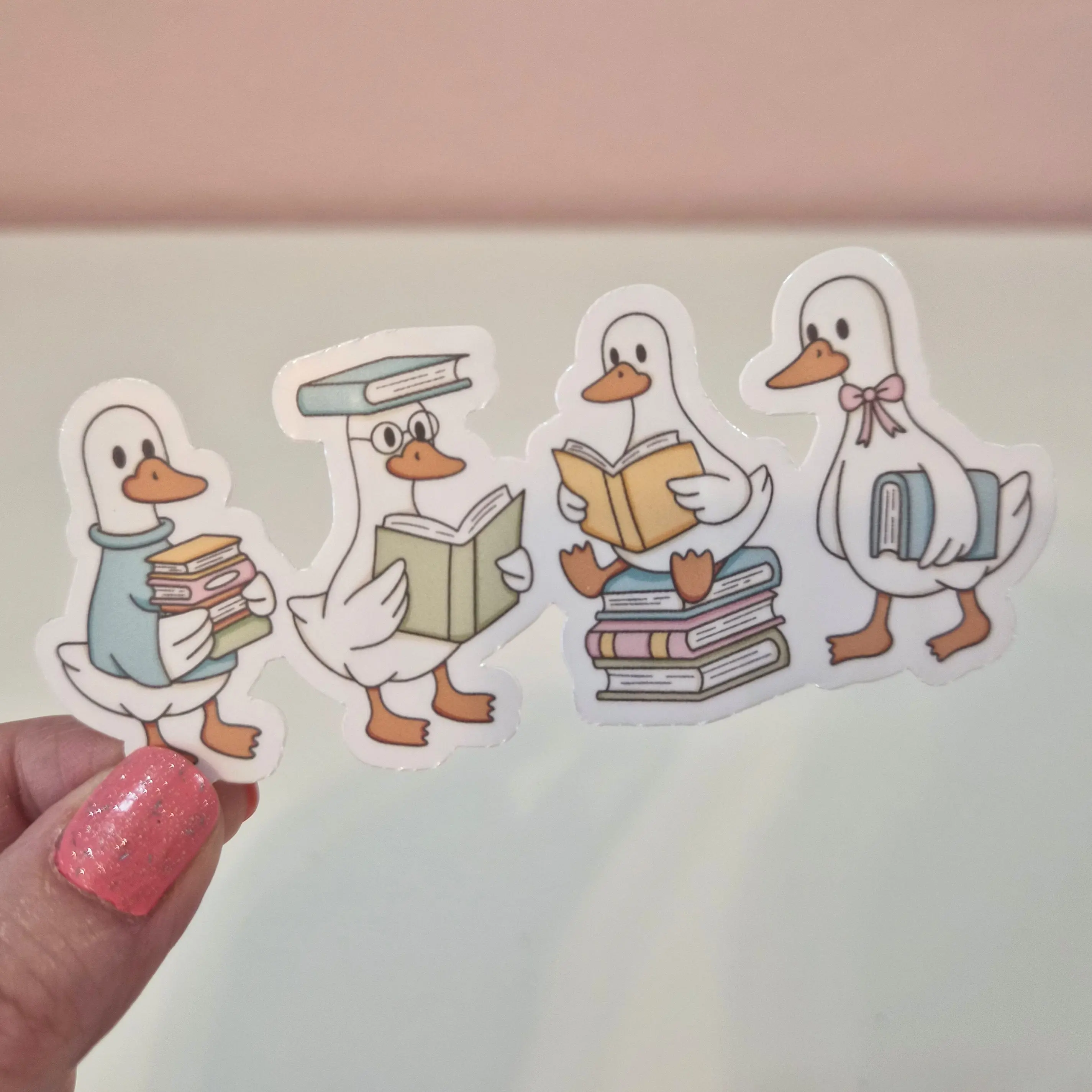 Geese Reading Books Sticker - Waterproof Glitter or Glossy Stickers 1.5" x 4.5" Size Customizable for Kindle Book or Tablet Durable Stylish Design