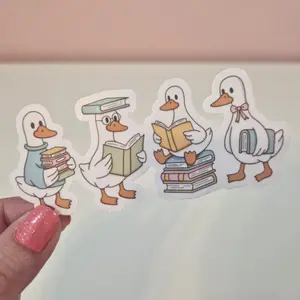 Geese Reading Books Sticker - Waterproof Glitter or Glossy Stickers 1.5" x 4.5" Size Customizable for Kindle Book or Tablet Durable Stylish Design