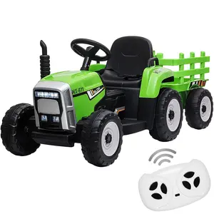 GARVEE 12V Toddler Battery-Powered Electric Ride-On Tractor with Realistic Look, Green Trailer, Remote Control, Slow Start, 7 LED Headlights, USB Music Player, 2+1 Gear Shift, 25W Motor, Treaded Tires for Outdoor Play