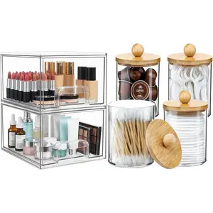 6 Pack Clear Stackable Storage Drawers & Qtip Holder Dispenser with  ,  Drawer Containers Plastic Organizer Bins for Makeup, Bathroom, Cabinet, Undersink
