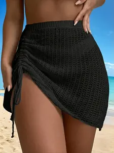 Women's Y2K Elegant Outdoor Knit Skirt, Short Regular Fit Hollow Out Design, Summer Vacation Style, Drawstring Waist, Versatile Beachwear