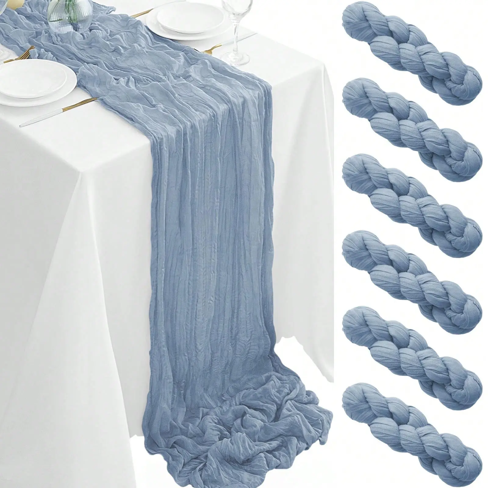 Bohemian Neutral Rectangle Cheesecloth Table Runner (17x108in/9FT), 6 Same-Color Pcs/Pack, Sheer Gauze Centerpiece (6 Colors: Dusty Blue, Beige, Cream, Champagne, Sage Green, Rust Red, Dusty Pink), Washable Anti-Fray Home & Family Wedding Decor, Polyester