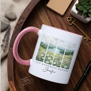 Personalized Let Kindness Bloom 11oz Accent Mug, Retro Wildflower Coffee Cup, Boho Floral Spring Gift, Inspirational Flower Tea Cup