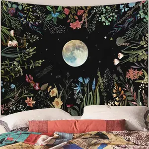 Moonlight Garden Pattern Tapestry, Colorful Floral & Moon Print Tapestry, Wall Hanging Decor for Home Living Room Bedroom, Home Decor, Durable Decorative Tapestry