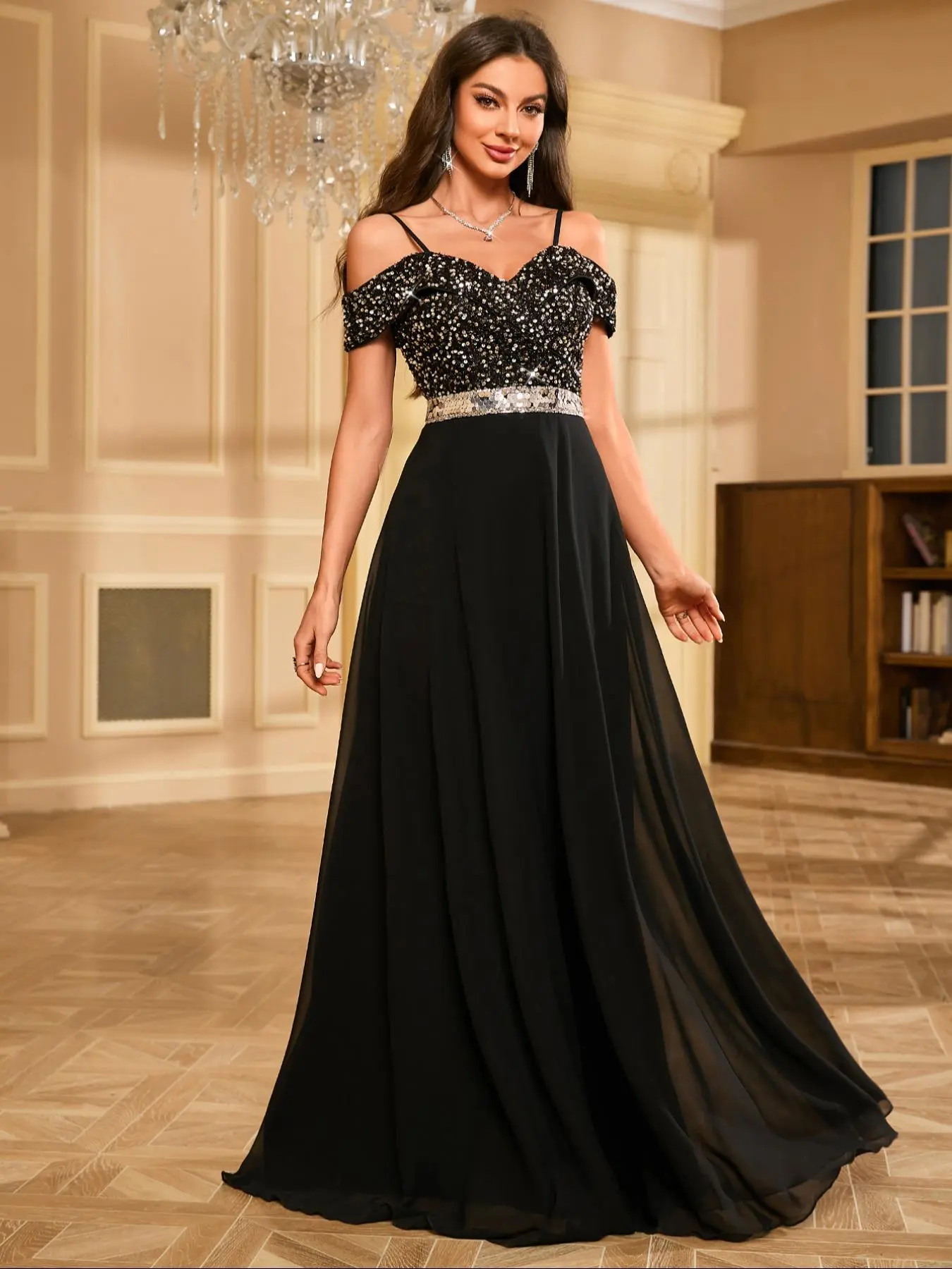 Women's Contrast Sequin Cold Shoulder Chiffon Party Dress, Elegant Adjustable Strap A Line Maxi Dress for Evening Party, Ladies' Clothes for Summer