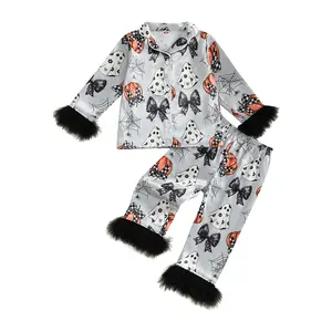 REDWOON Baby Girl Halloween Silk Pajamas Set Button Down Pumpkin Ghost Long/Short Sleeve Shirts Tops and Pants Satin Pj Sets
