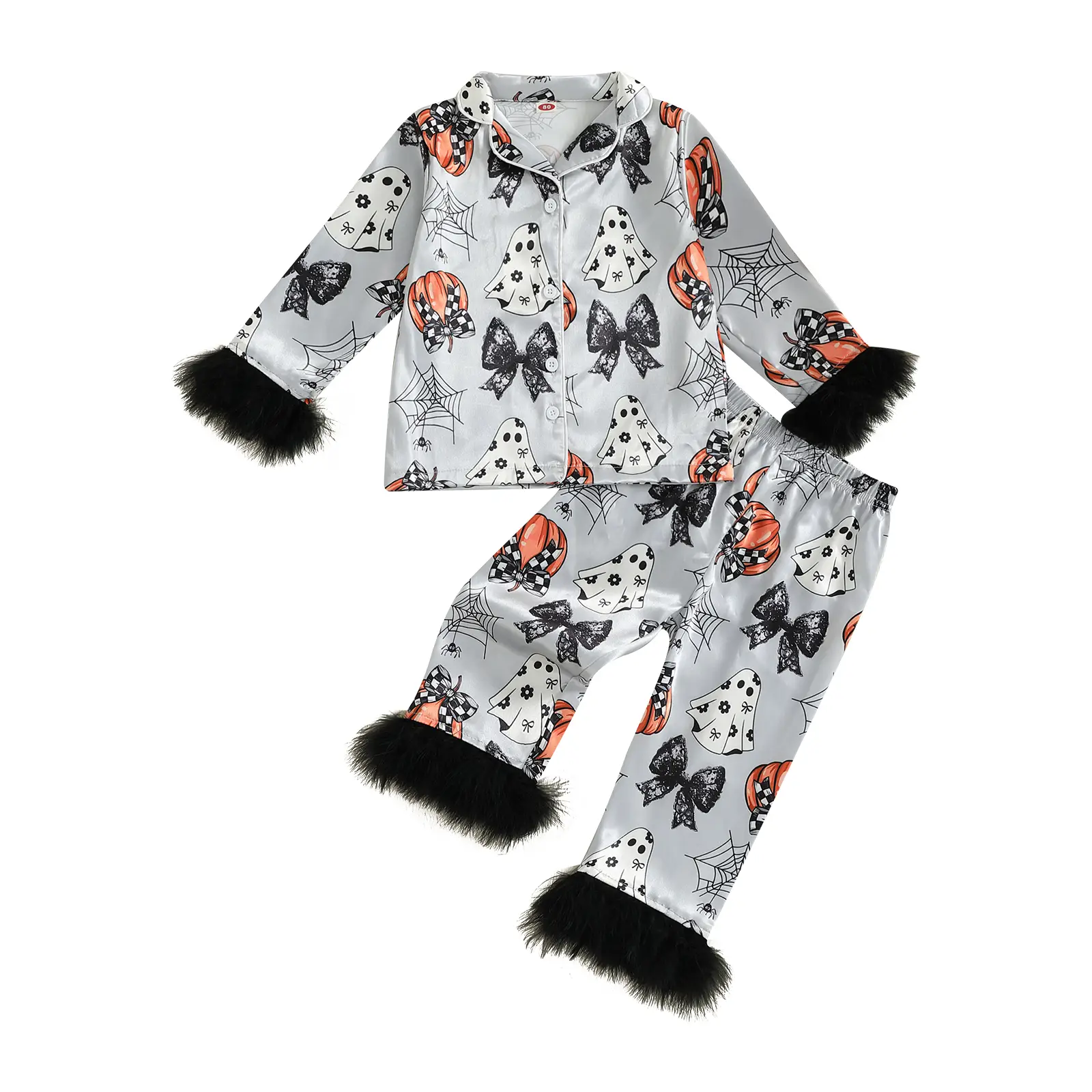 REDWOON Baby Girl Halloween Silk Pajamas Set Button Down Pumpkin Ghost Long/Short Sleeve Shirts Tops and Pants Satin Pj Sets