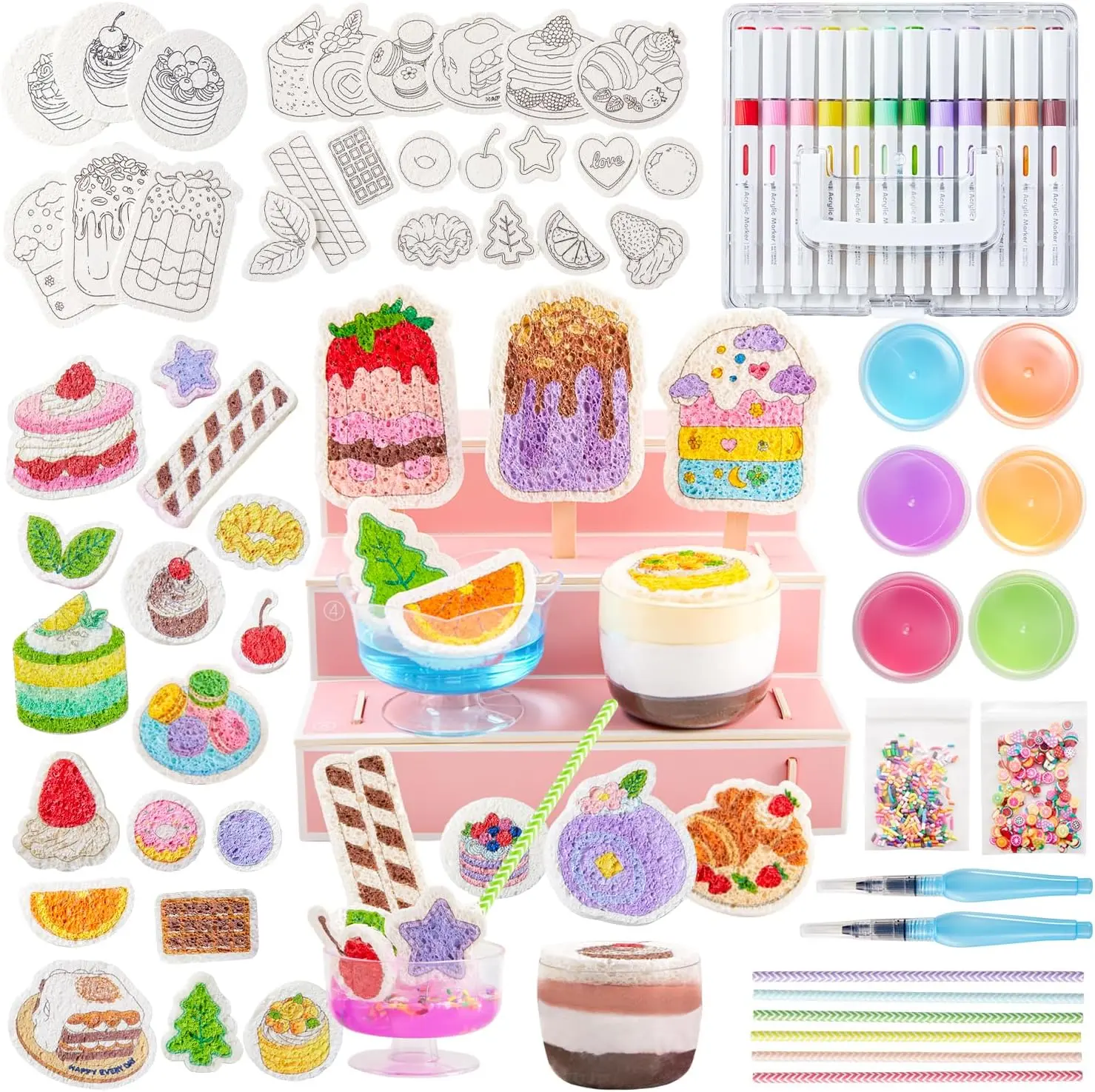 Shuttle Art 105 Pcs Magic Foam Texture Painting Kit Dessert Series: 24 Dessert Foam Pieces, Slime, Clay, Pastry Display Case, 12 Acrylic Paint Markers, Magical 3D Effect DIY Art for Boys and Girls Ages 3-12