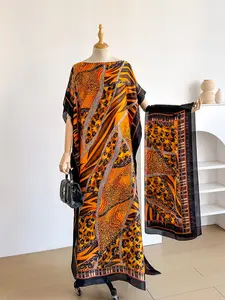 Women's Leopard Pattern Robe Set, Casual Wear Long Dress + Headscarf Scarf Hairband, Beach Sun Protection Satin Silk Shawl Print