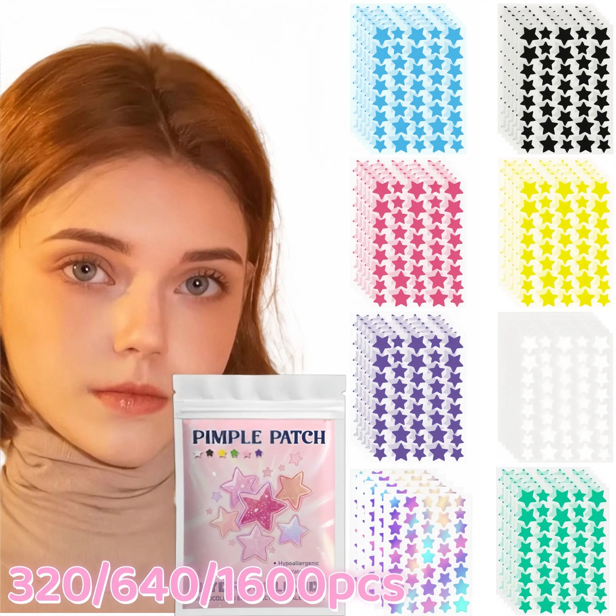 320/640/1600pcs 8-Color Starlight Acne Pimple Patch, Rainbow Star Face Cover Stickers, Mixed Sizes Hydrocolloid Beauty Mask, Lightweight for Daily Makeup & Photoshoots
