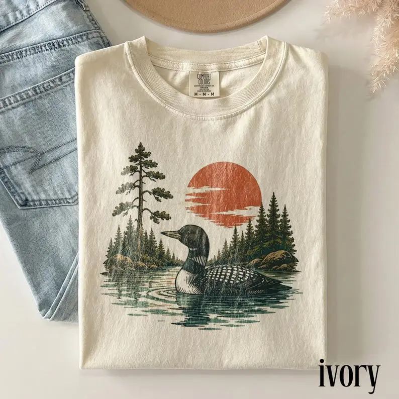 Comfort Colors Vintage Loon Lake Nature TShirt, Retro Wildlife Bird Graphic Tee, Classic Forest Lake Landscape Top, Outdoor Gift