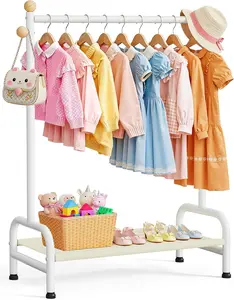 Sturdy Metal Kids Clothing Rack with Bottom Storage Shelf & Adjustable Feet, Dress Up Storage for Toddler's Bedrooms, Nurseries, Playrooms, 31" x 12.5" x 47.8", White